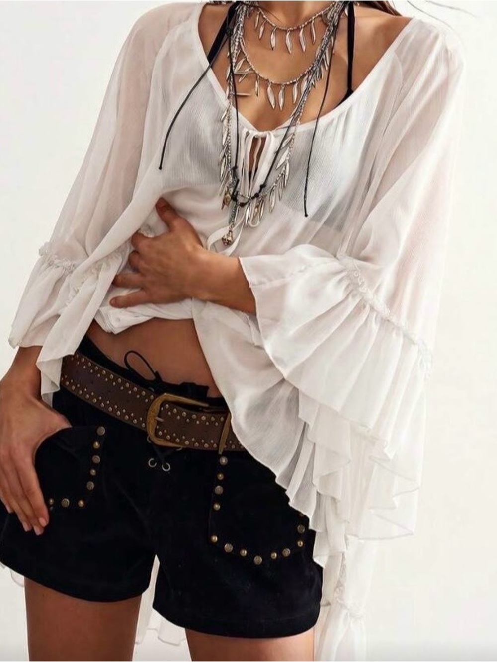 Boho Ruffle Sheer Peasant Top - off white - Picture 5 of 7